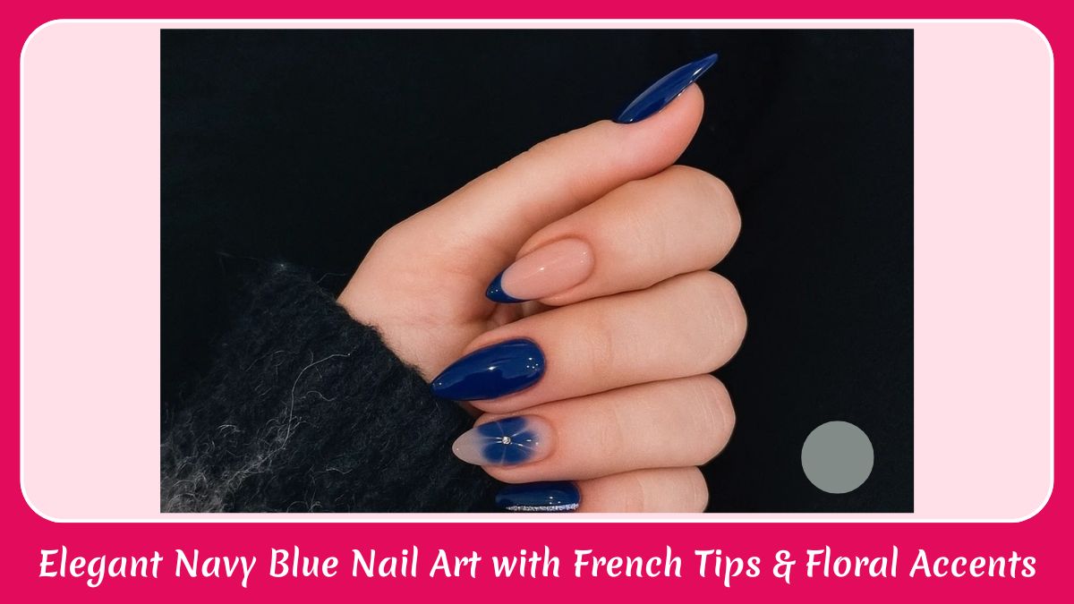 Elegant Navy Blue Nail Art with French Tips & Floral Accents