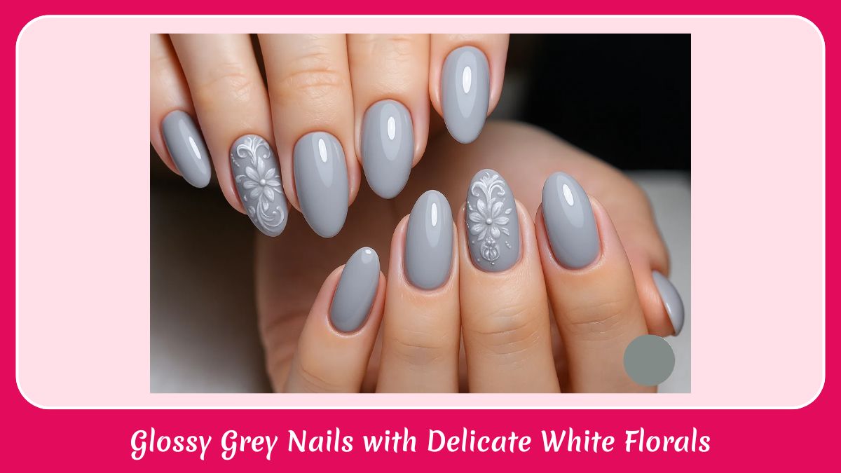Glossy Grey Nails with Delicate White Florals