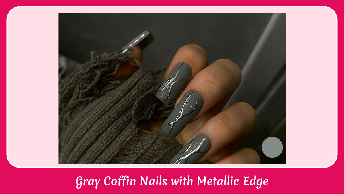 Gray Coffin Nails with Metallic Edge