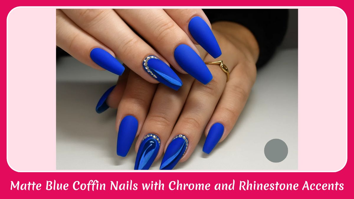Matte Blue Coffin Nails with Chrome and Rhinestone Accents