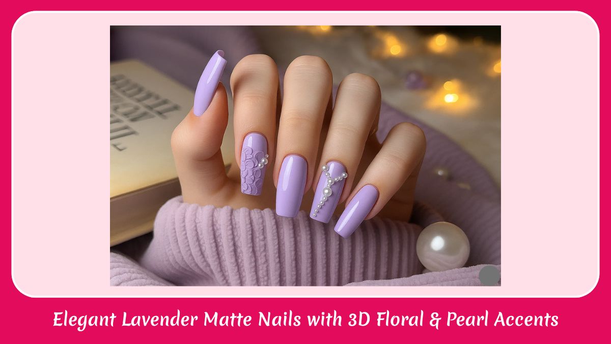 Elegant Lavender Matte Nails with 3D Floral & Pearl Accents
