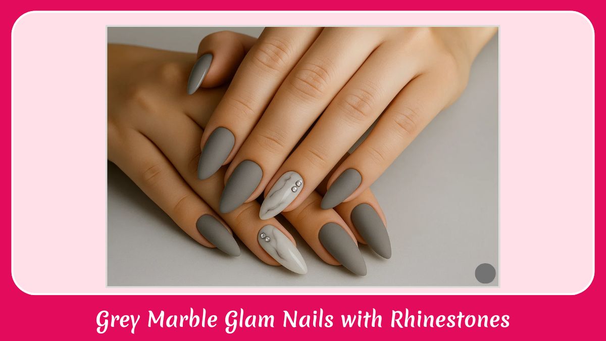 Grey Marble Glam Nails with Rhinestones