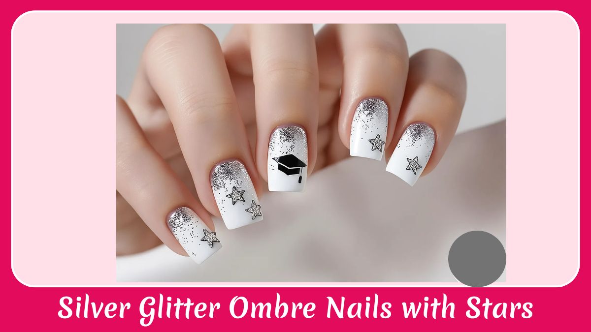 Silver Glitter Ombre Nails with Stars: Graduation Nail Art Design