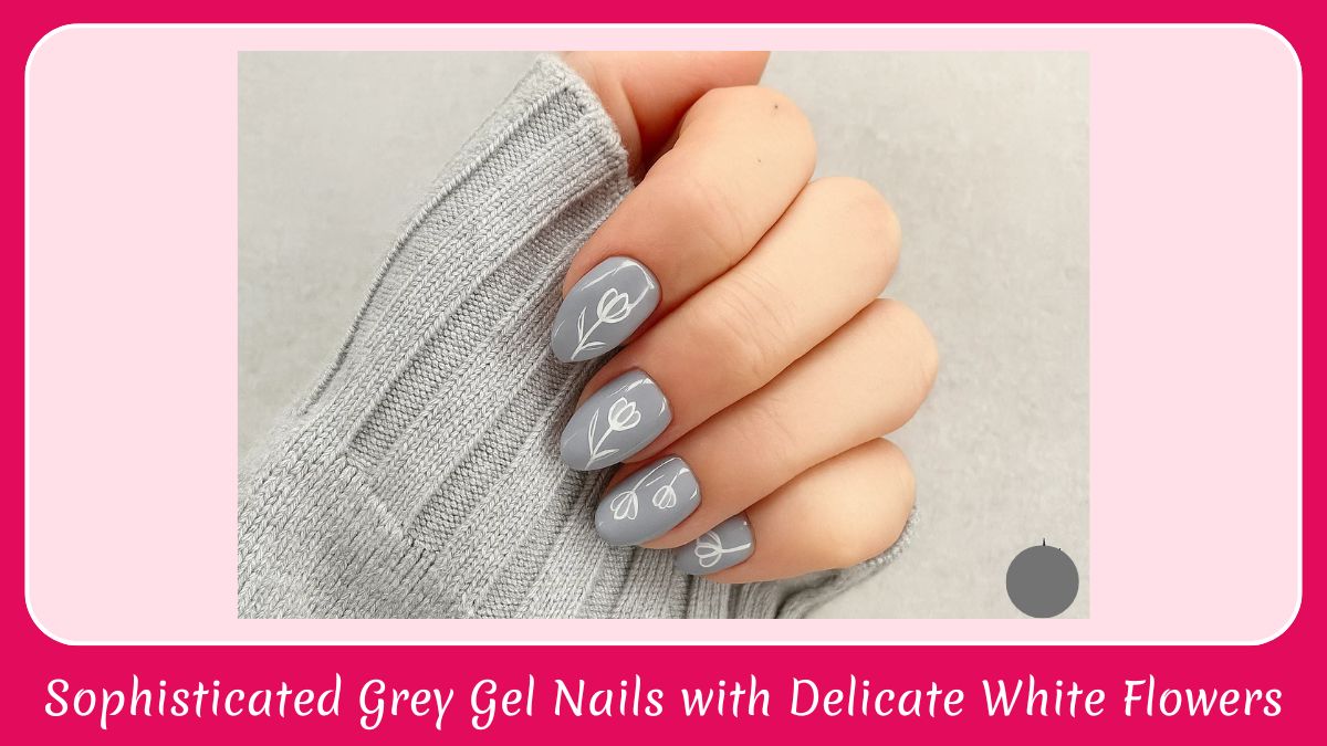 Sophisticated Grey Gel Nails with Delicate White Flowers