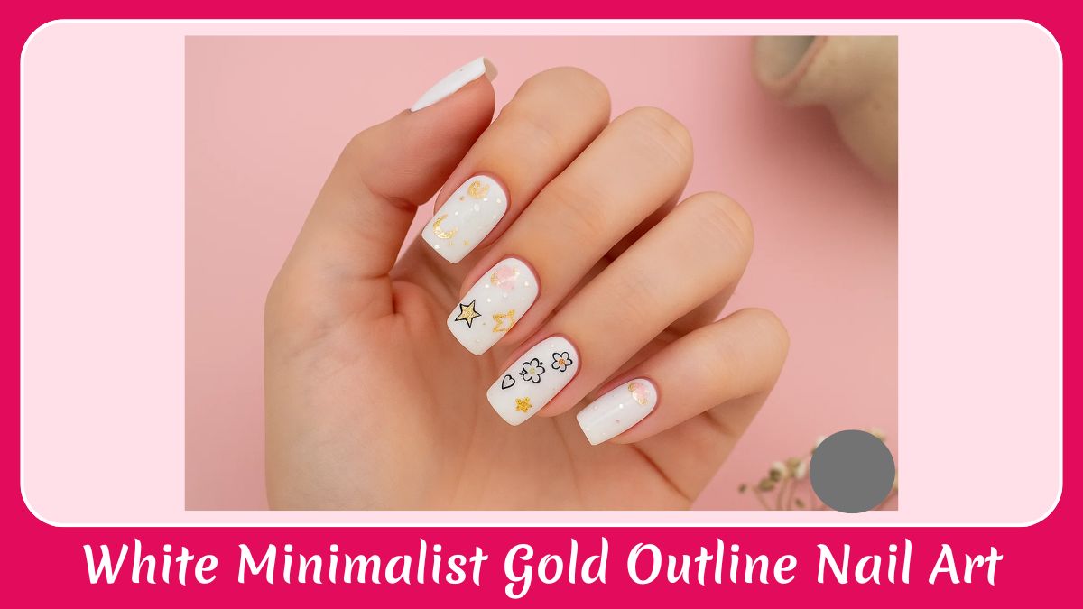 White Minimalist Gold Outline Nail Art