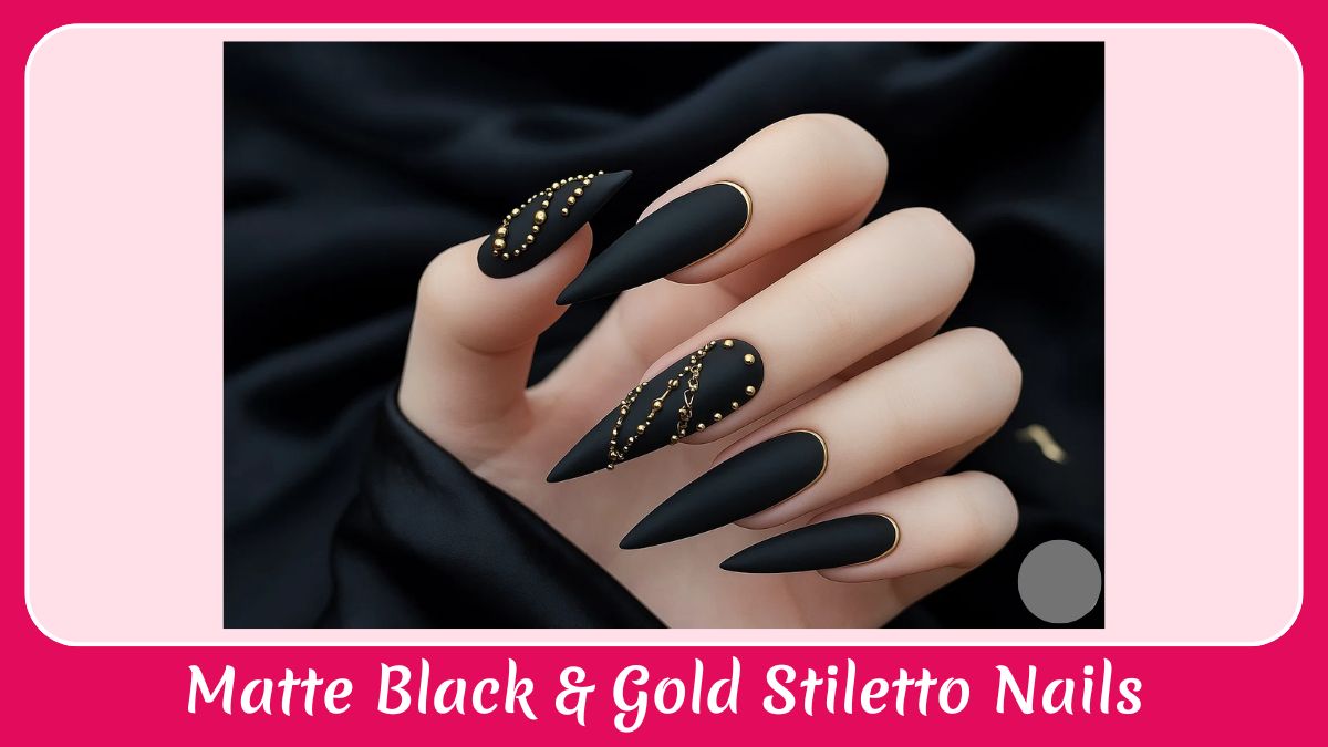 Matte Black & Gold Stiletto Nails