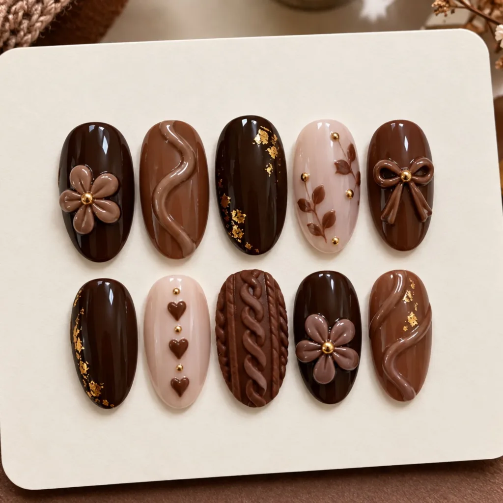 3D Chocolate Brown Nails