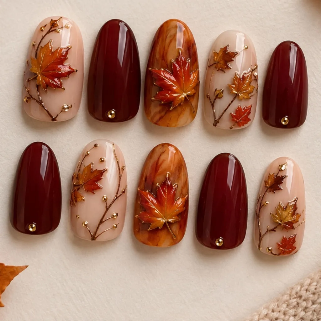 3D Maple Leaf Nails