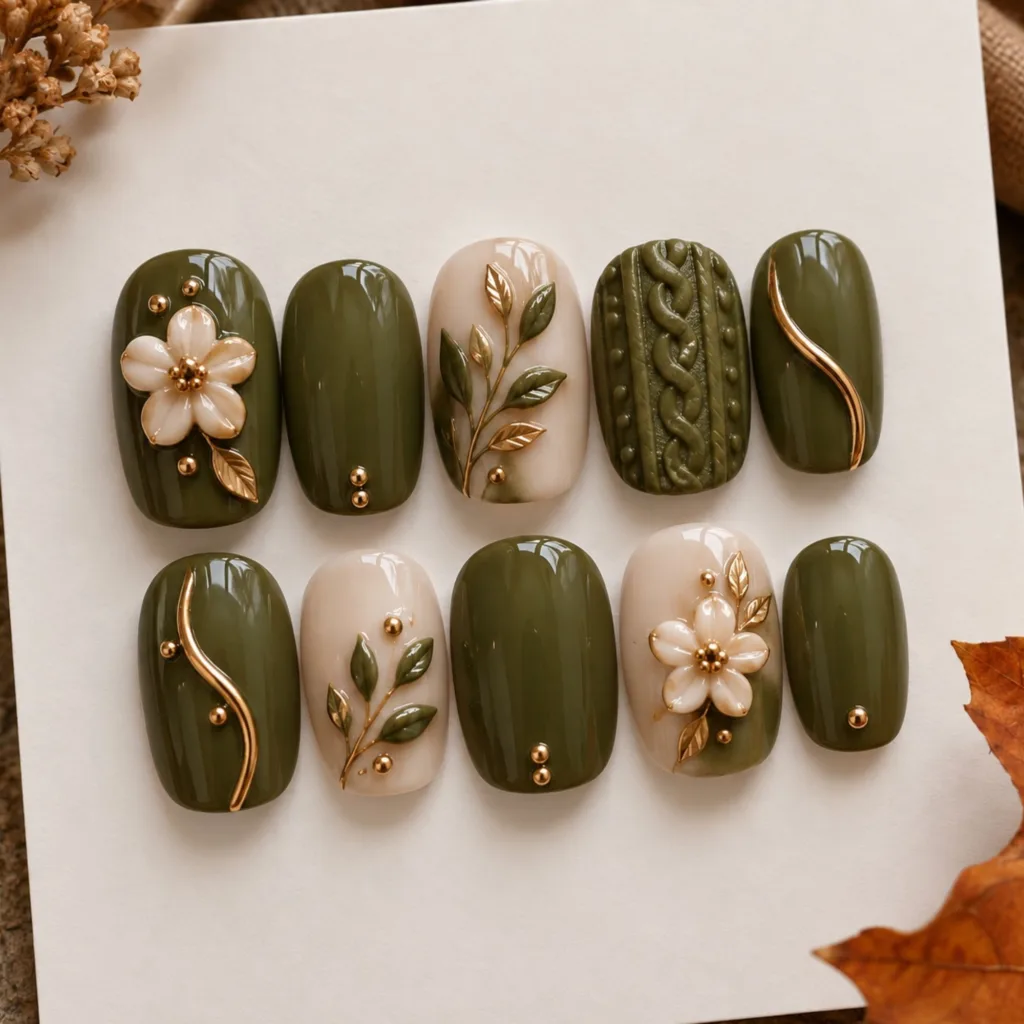3D Olive Green Nails