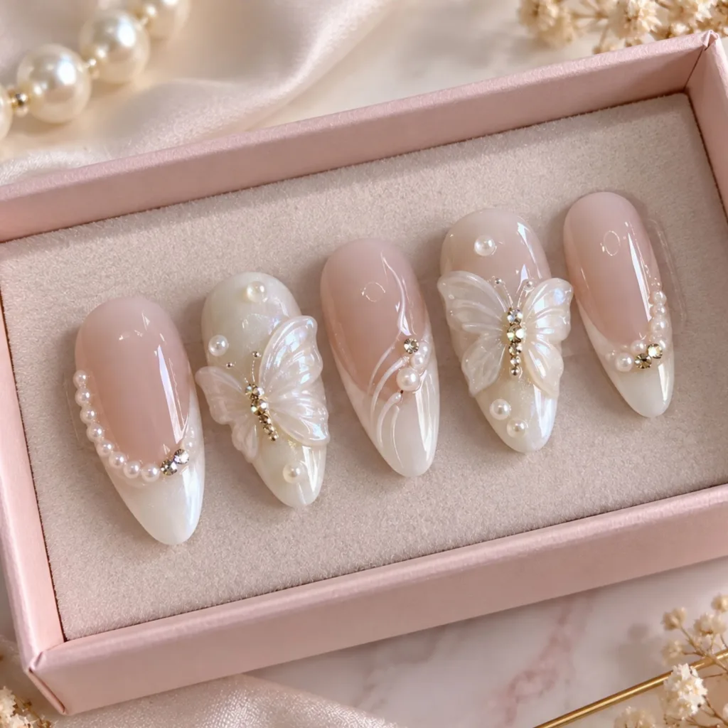 3D White Butterfly Nails