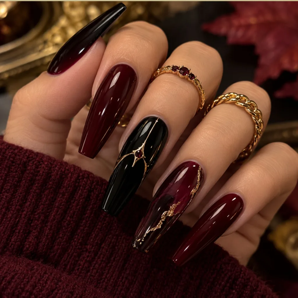Black & Burgundy Luxe Nails