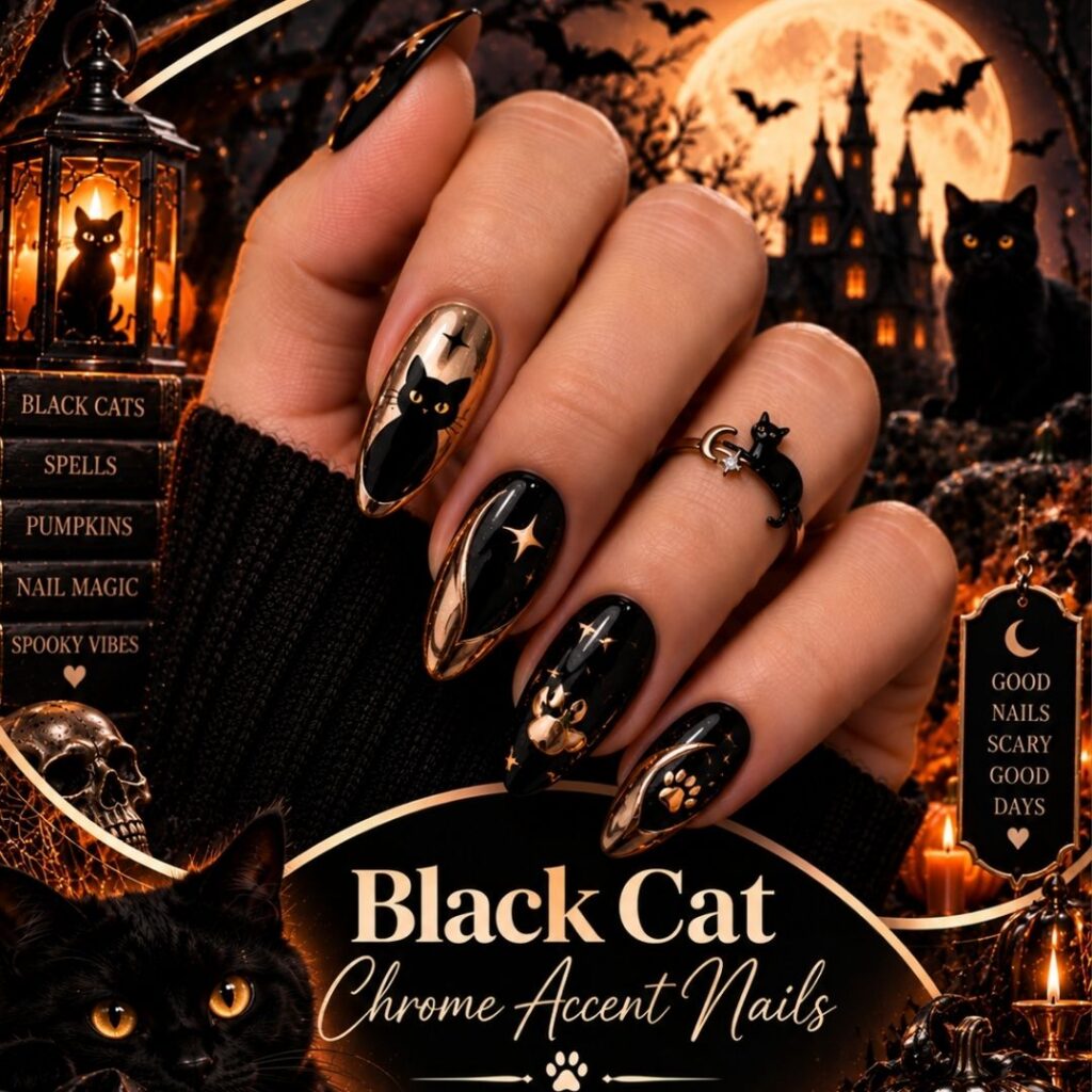 Black Cat Chrome Accent Nails