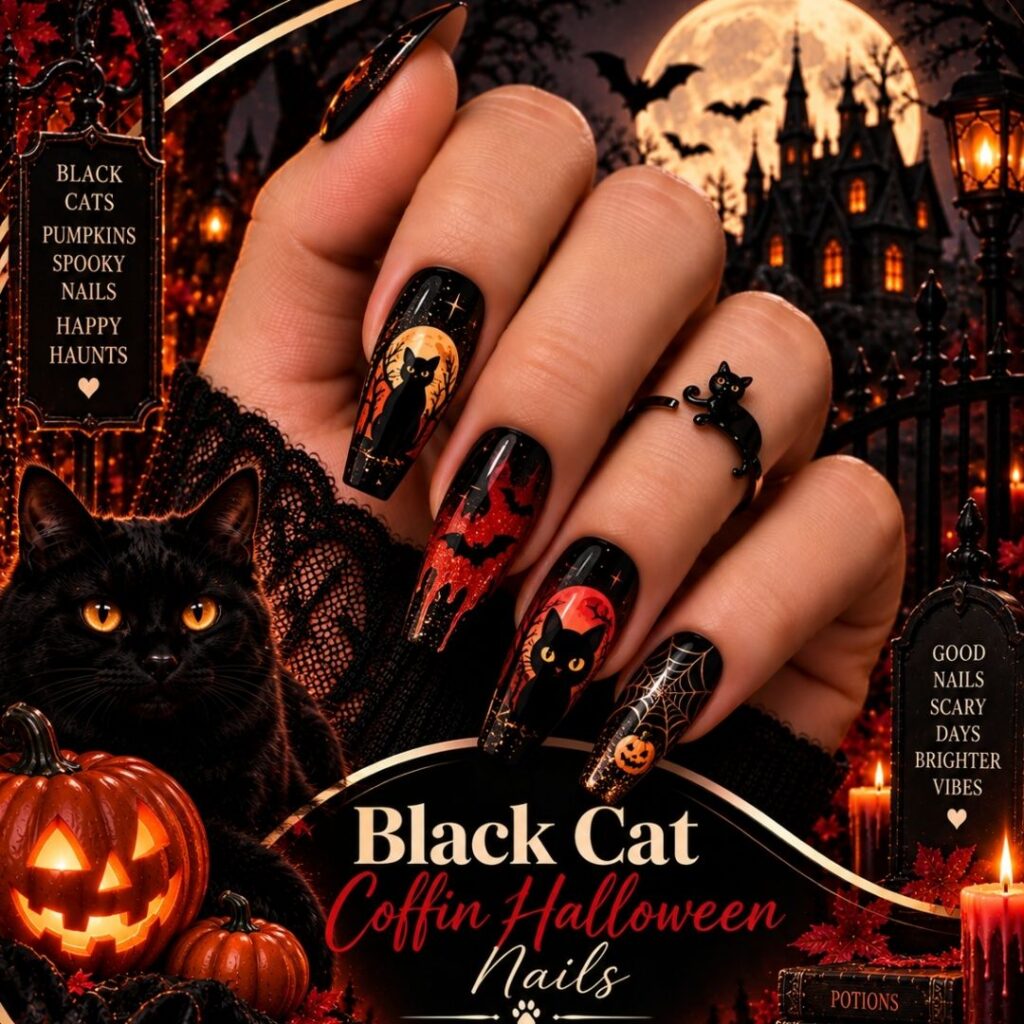 Black Cat Coffin Halloween Nails