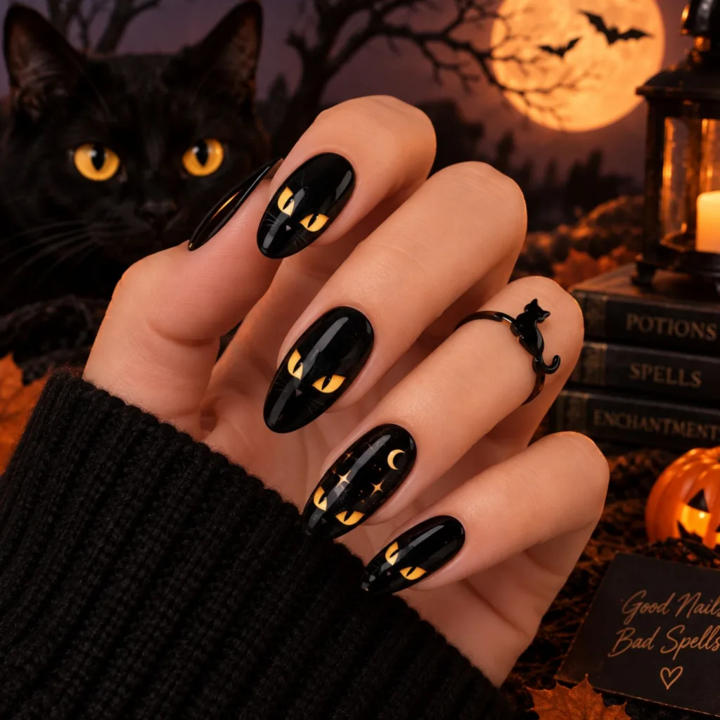 Black Cat Eyes Halloween Nail Art