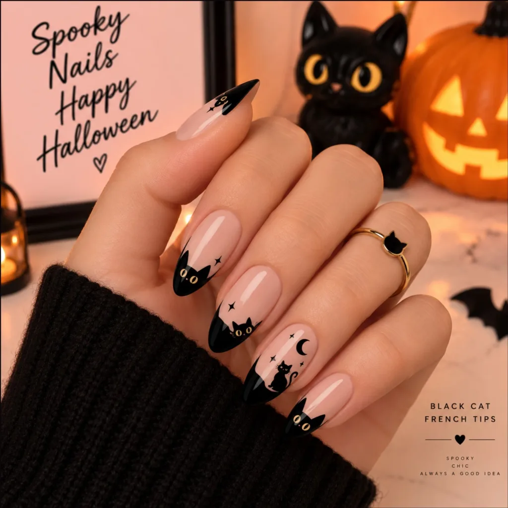 Black Cat French Tip Nails