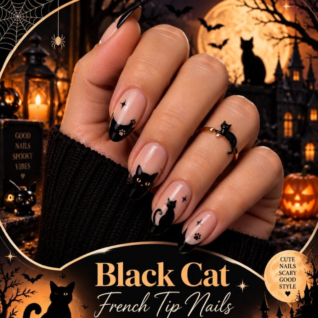 Black Cat French Tip Nails