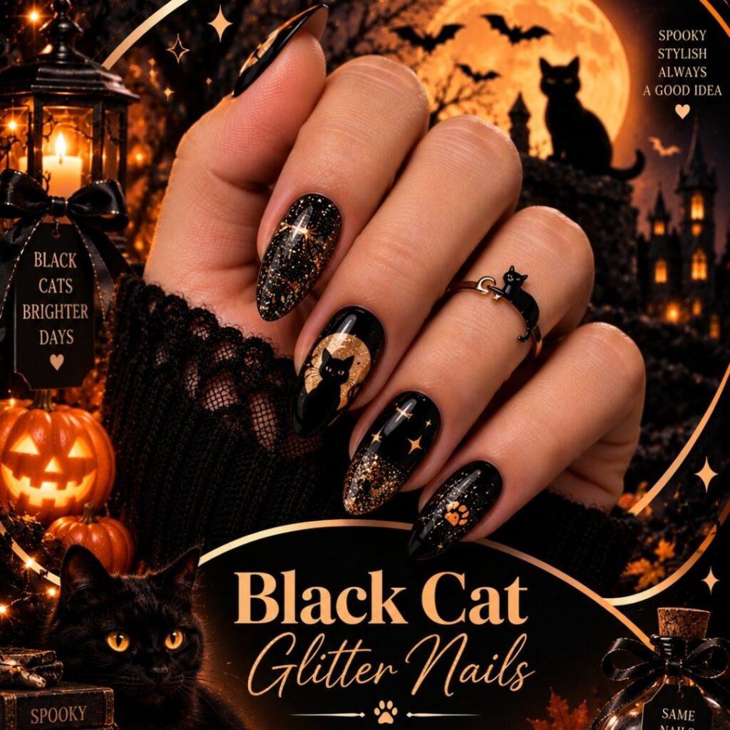 Black Cat Glitter Nails