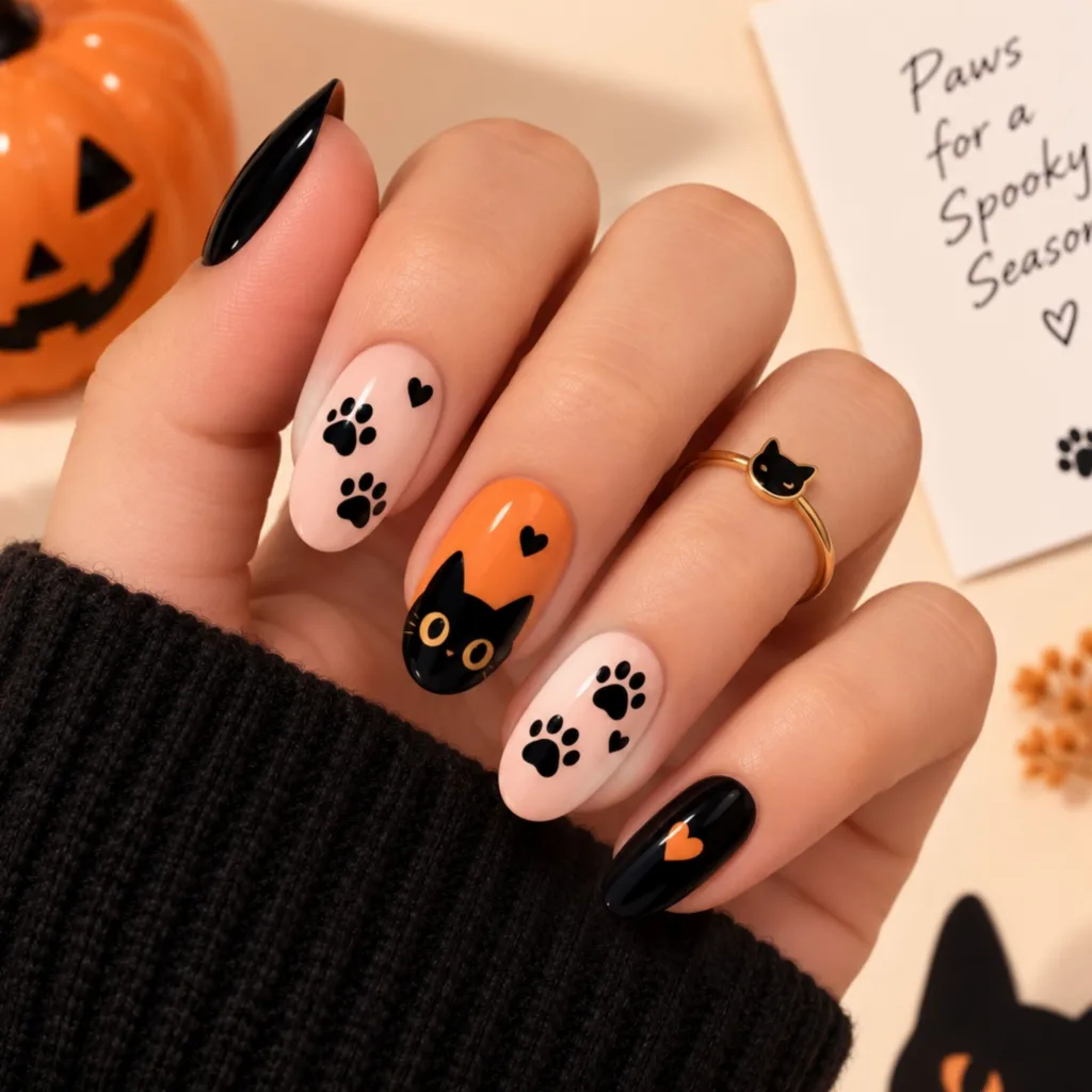 Black Cat Paw Print Nails