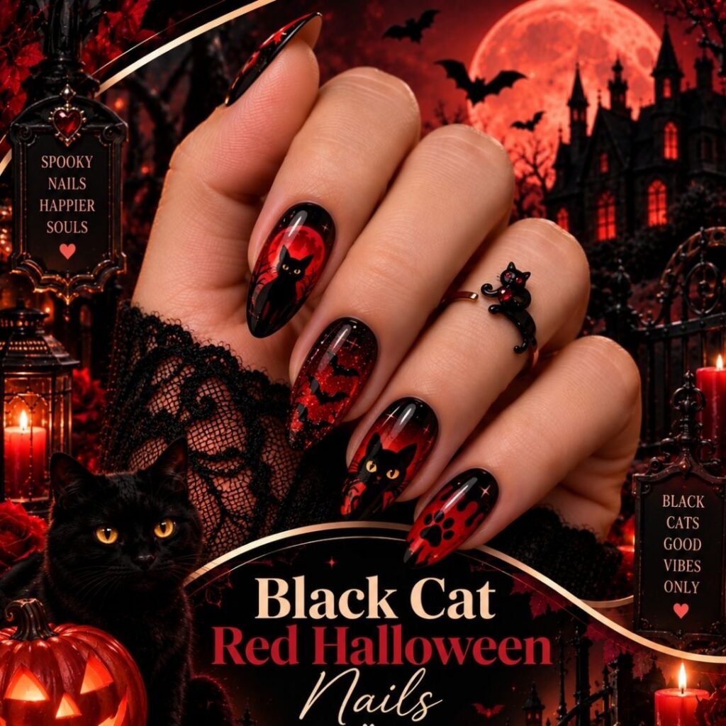 Black Cat Red Halloween Nails