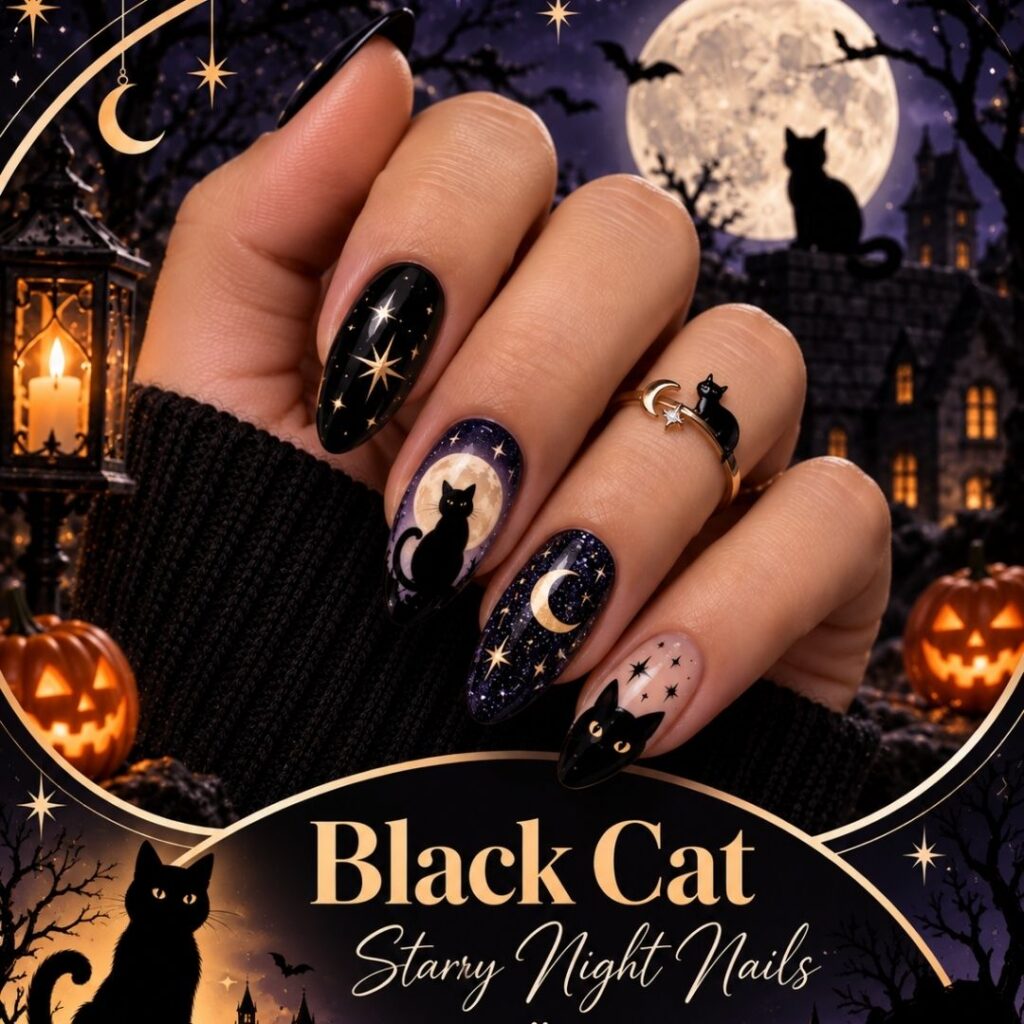 Black Cat Starry Night Nails