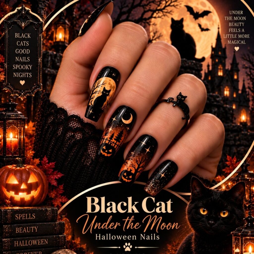 Black Cat Under the Moon Halloween Nails