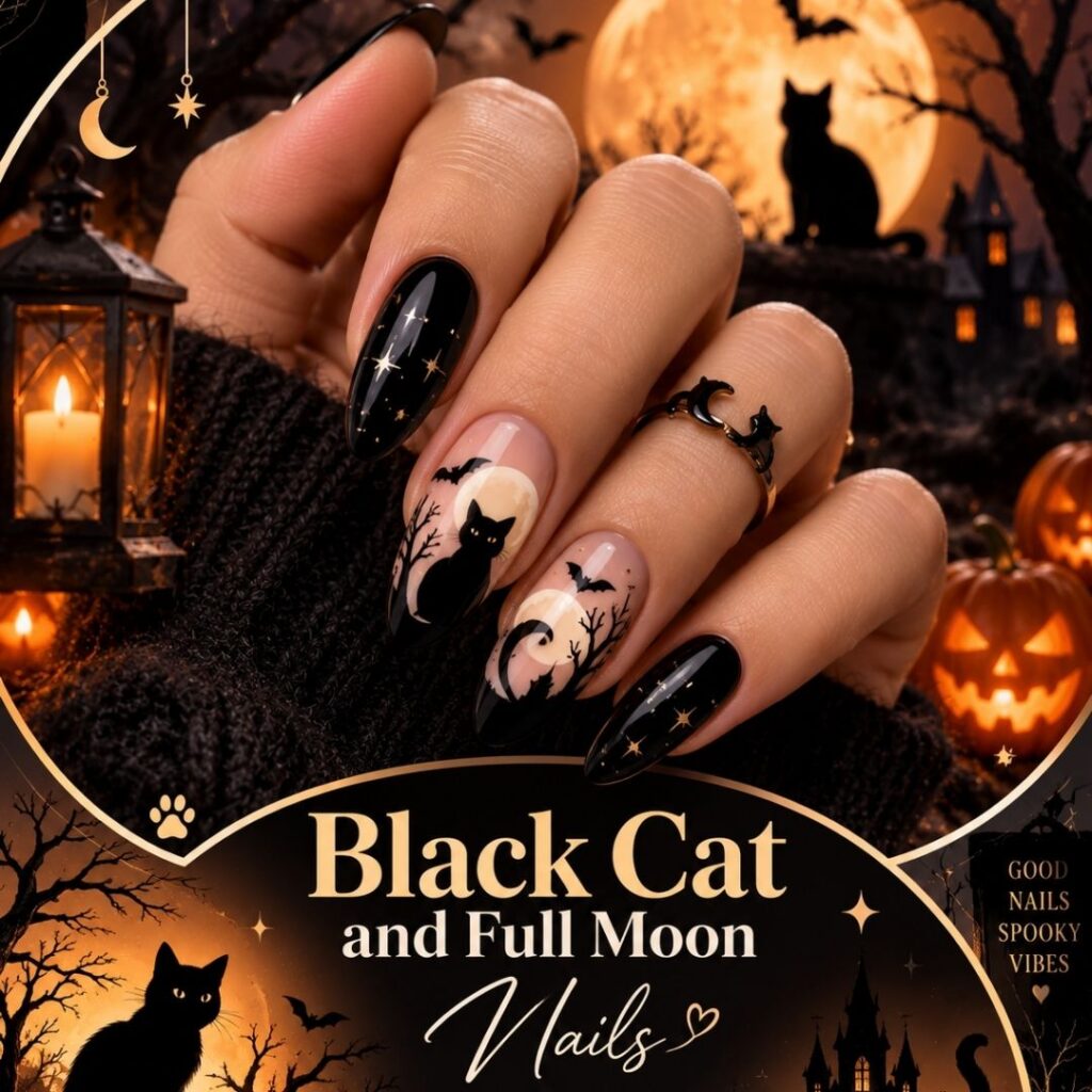 Black Cat and Full Moon Nails