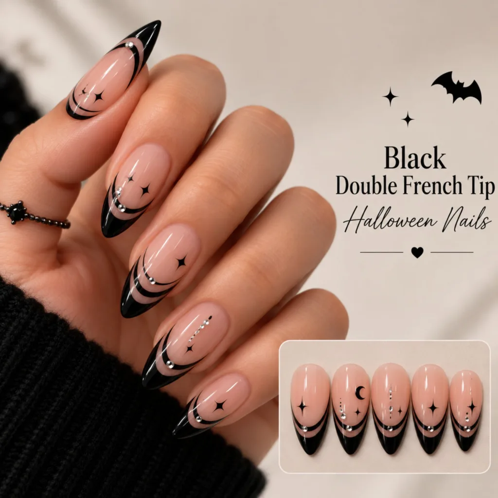 Black Double French Tip Halloween Almond Nails