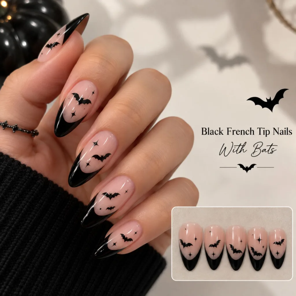 Black French Tip Nails With Bats