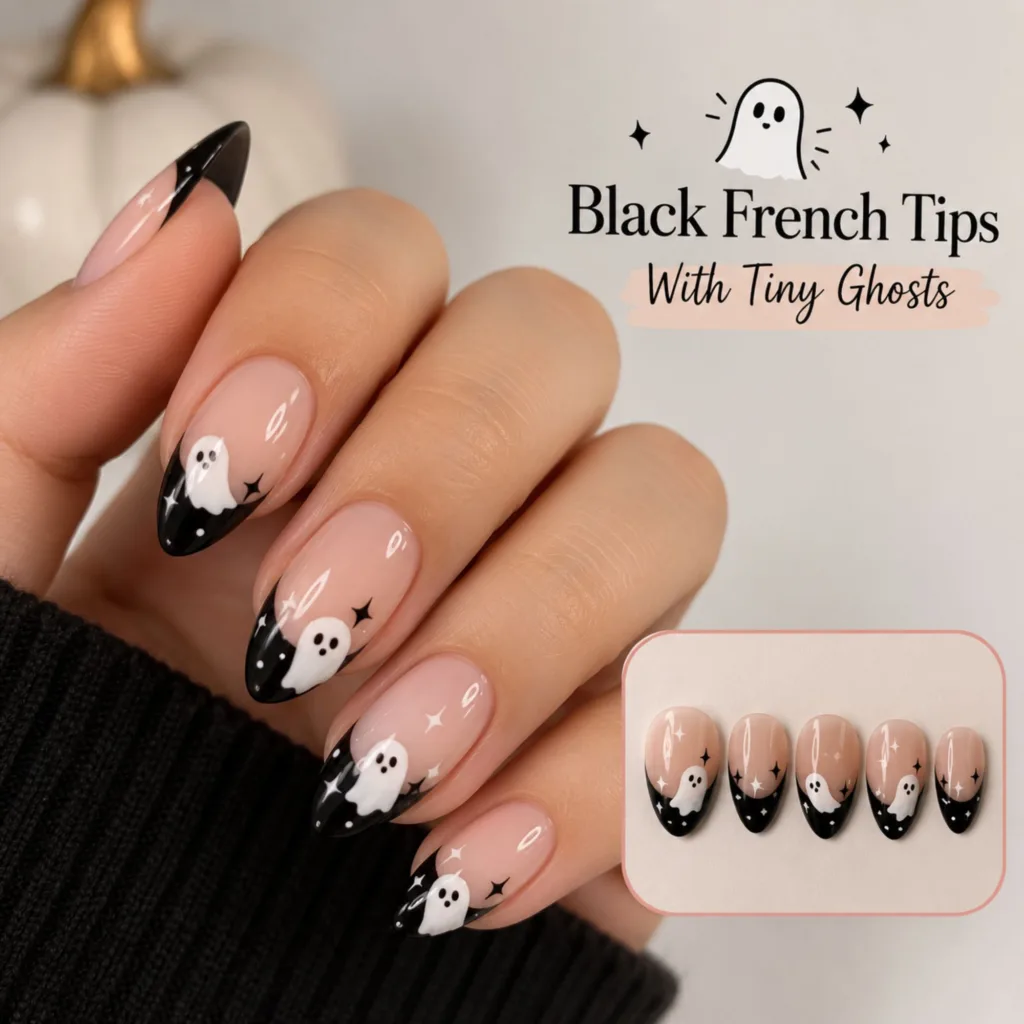 Black French Tips With Tiny Ghosts
