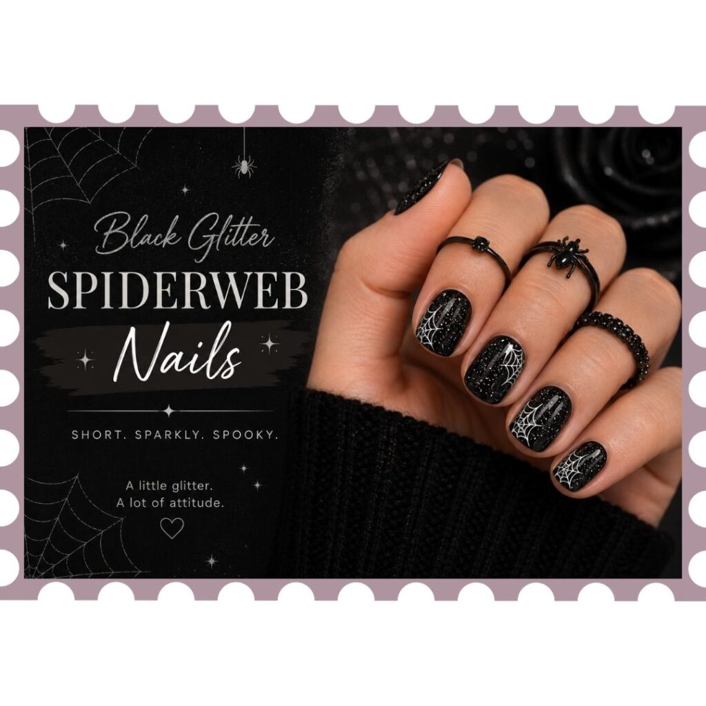 Black Glitter Spiderweb Short Nails