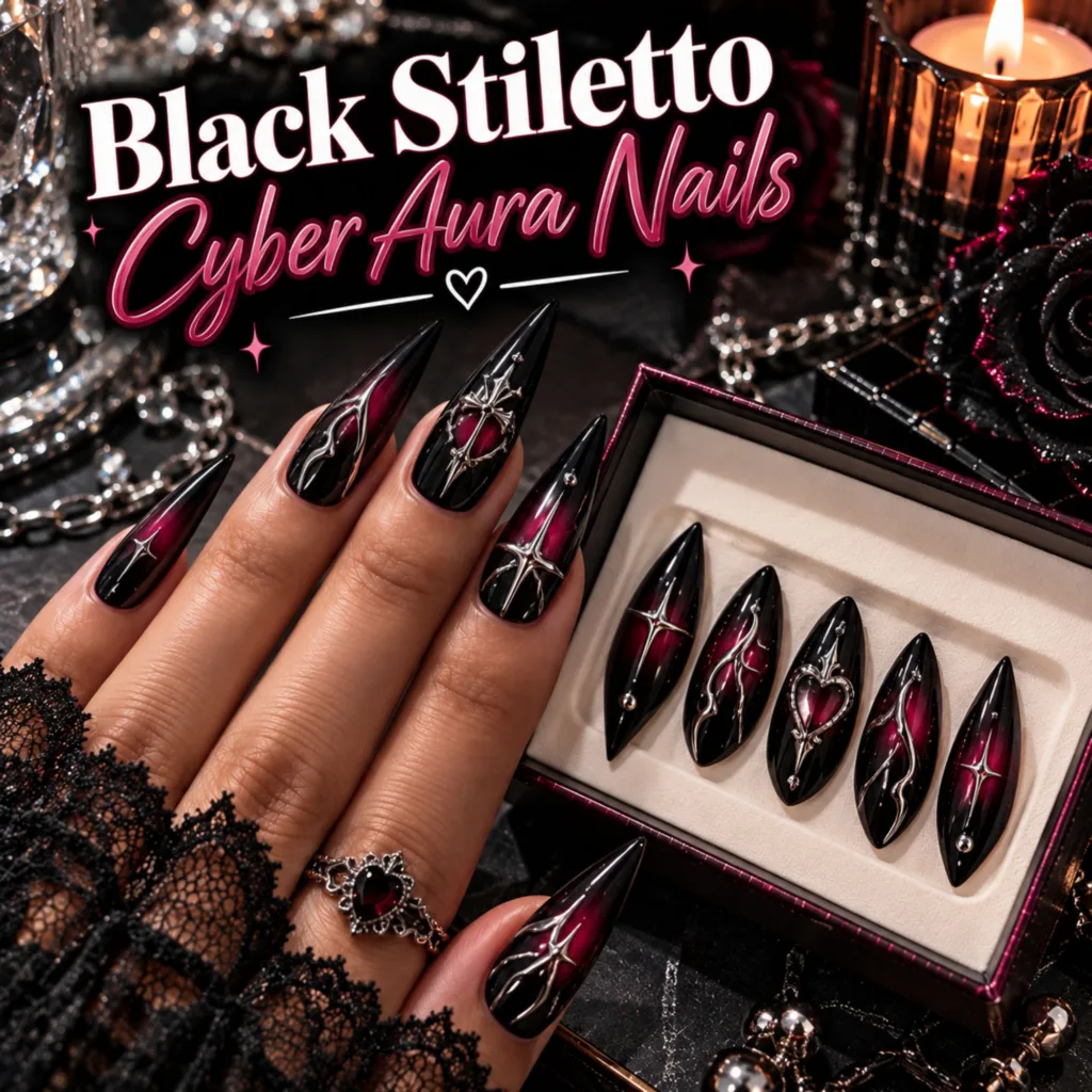 Black Stiletto Cyber Aura Nails