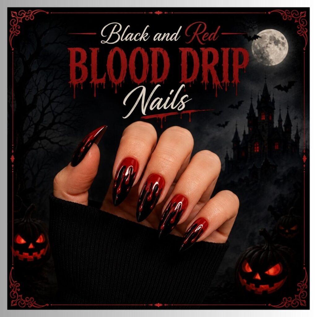 Black and Red Blood Drip Nails
