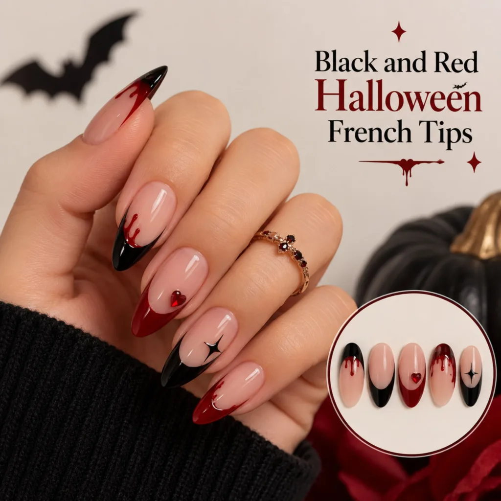 Black and Red Halloween French Tips 