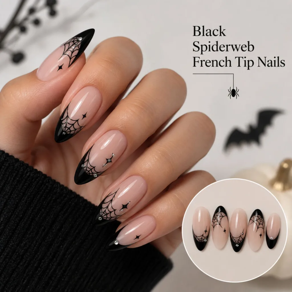 Black Spiderweb French Tip Nails