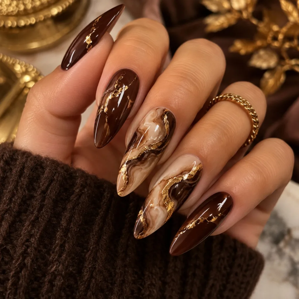 Chocolate & Gold Marble Nails