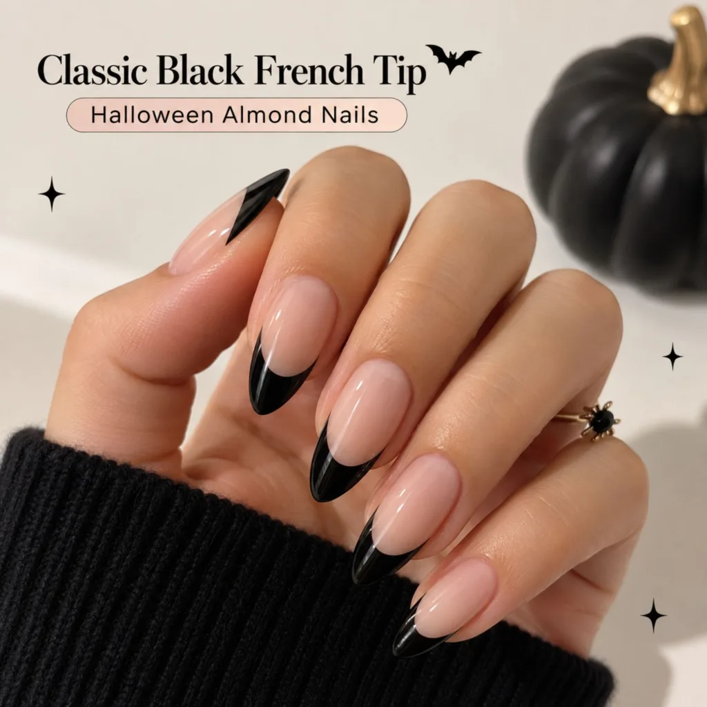 Classic Black French Tip Halloween Almond Nails