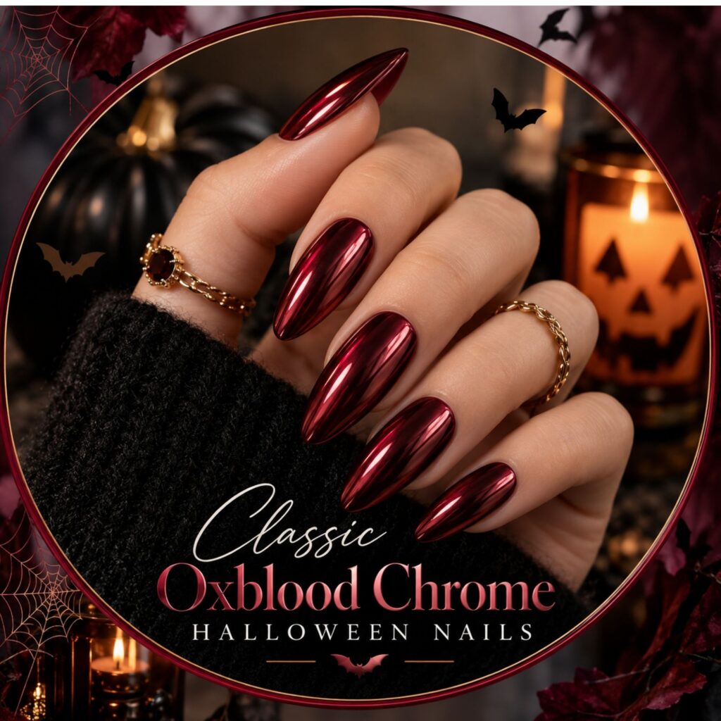 Classic Oxblood Chrome Halloween Nails