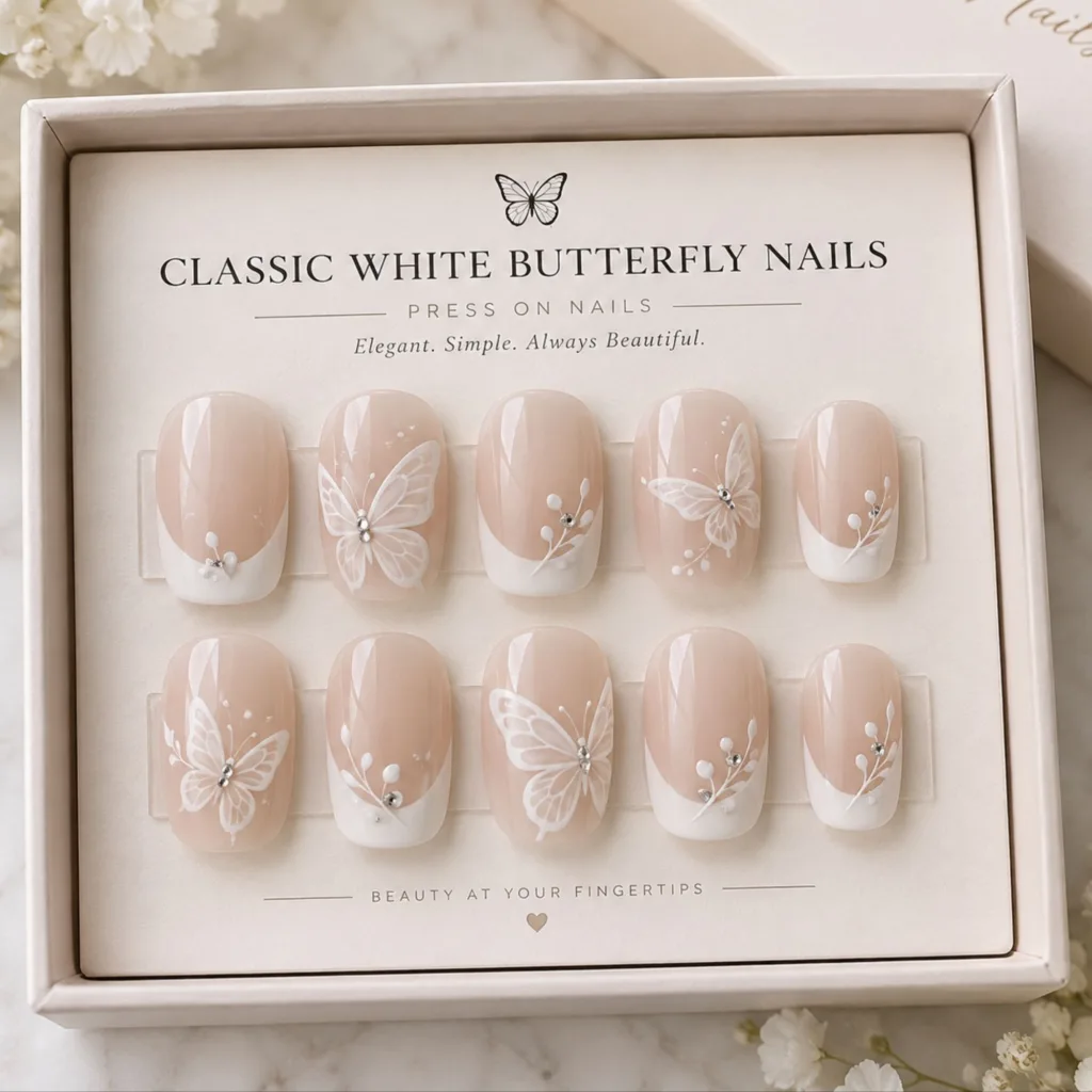 Classic White Butterfly Nails
