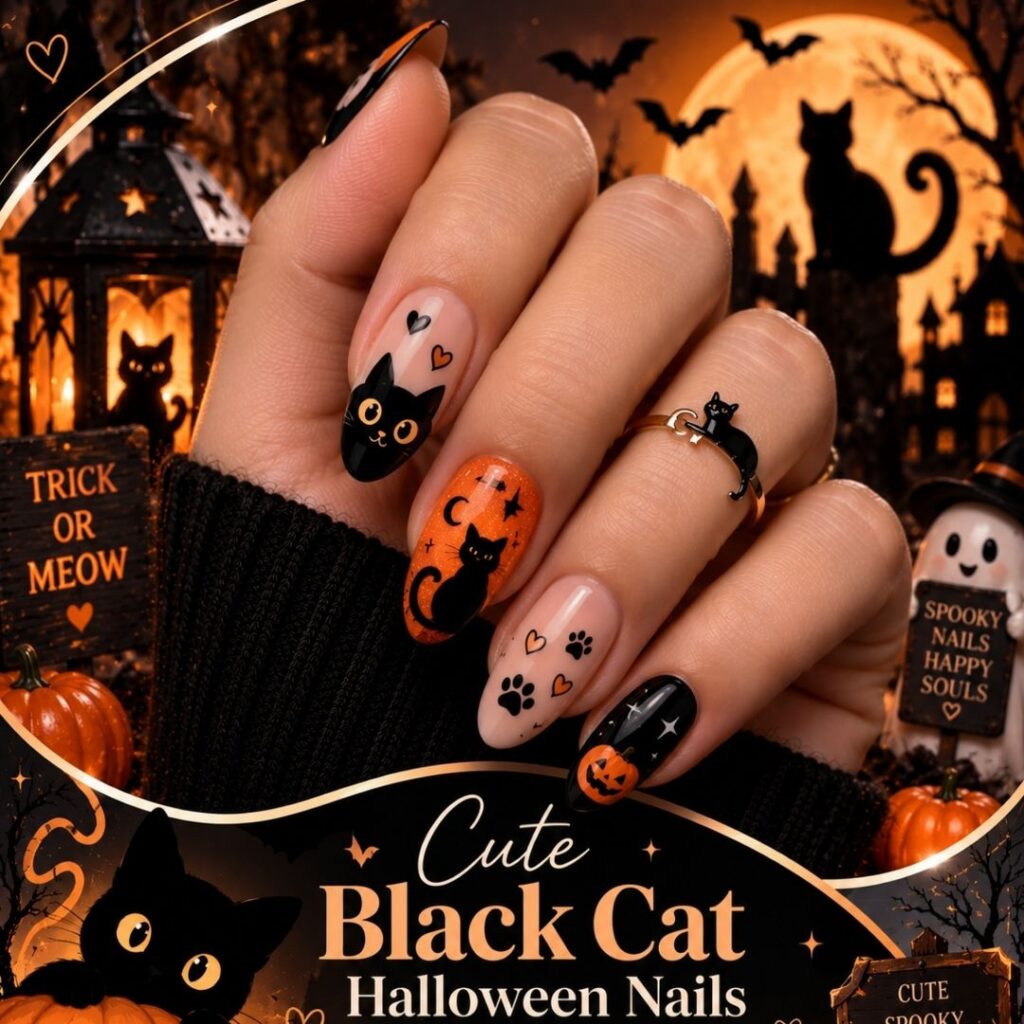 Cute Black Cat Halloween Nails