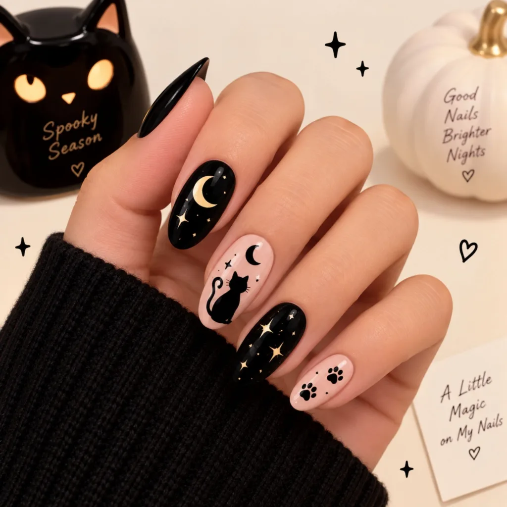 Cute Black Cat and Moon Nails