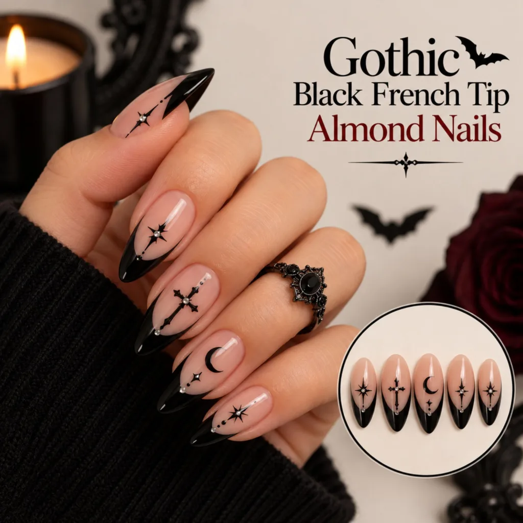 Gothic Black French Tip Almond Nails