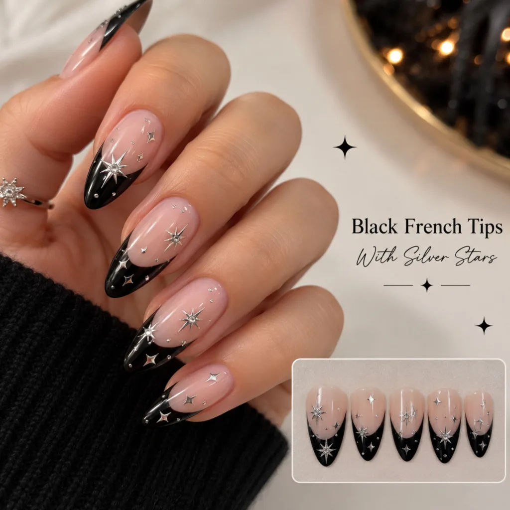 Black French Tips With Silver Star