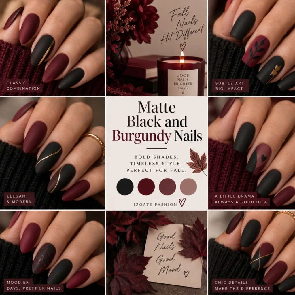 Matte Black and Burgundy Nails