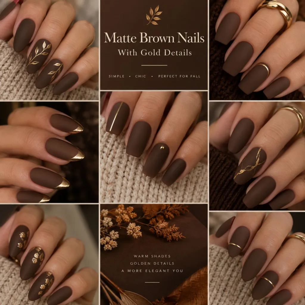 Matte Brown Nails With Gold Details
