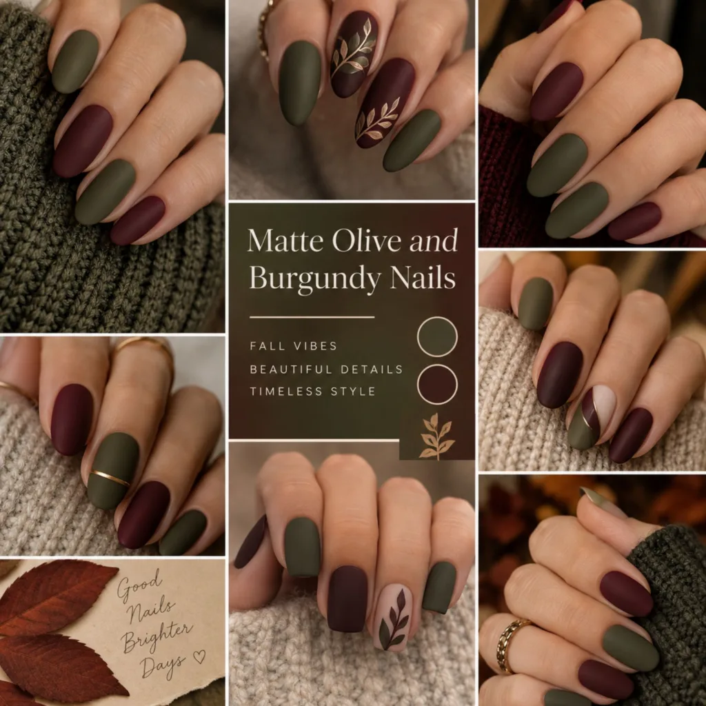 Matte Olive and Burgundy Nails