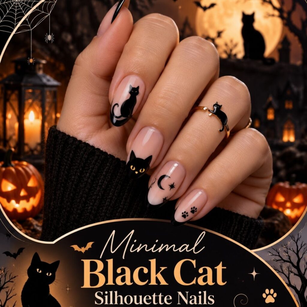Minimal Black Cat Silhouette Nails