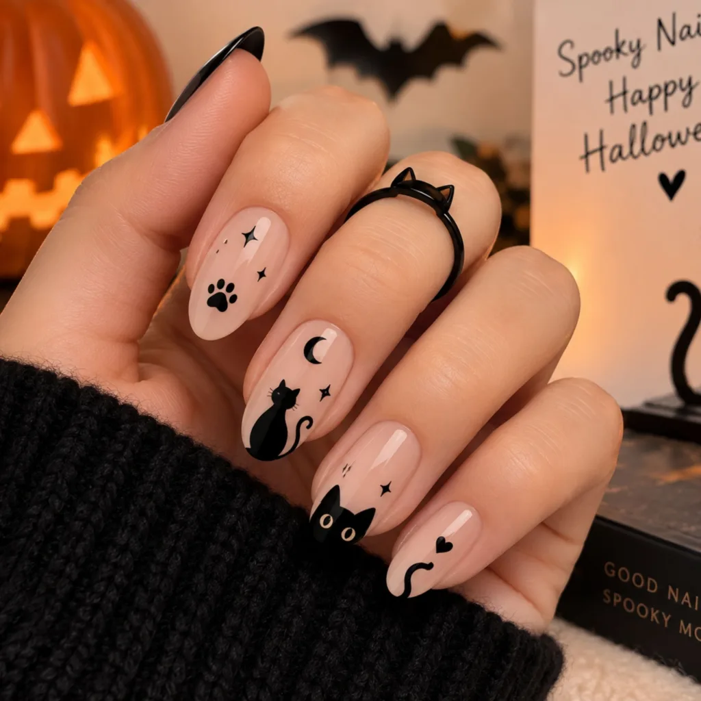 Minimalist Black Cat Silhouette Nails