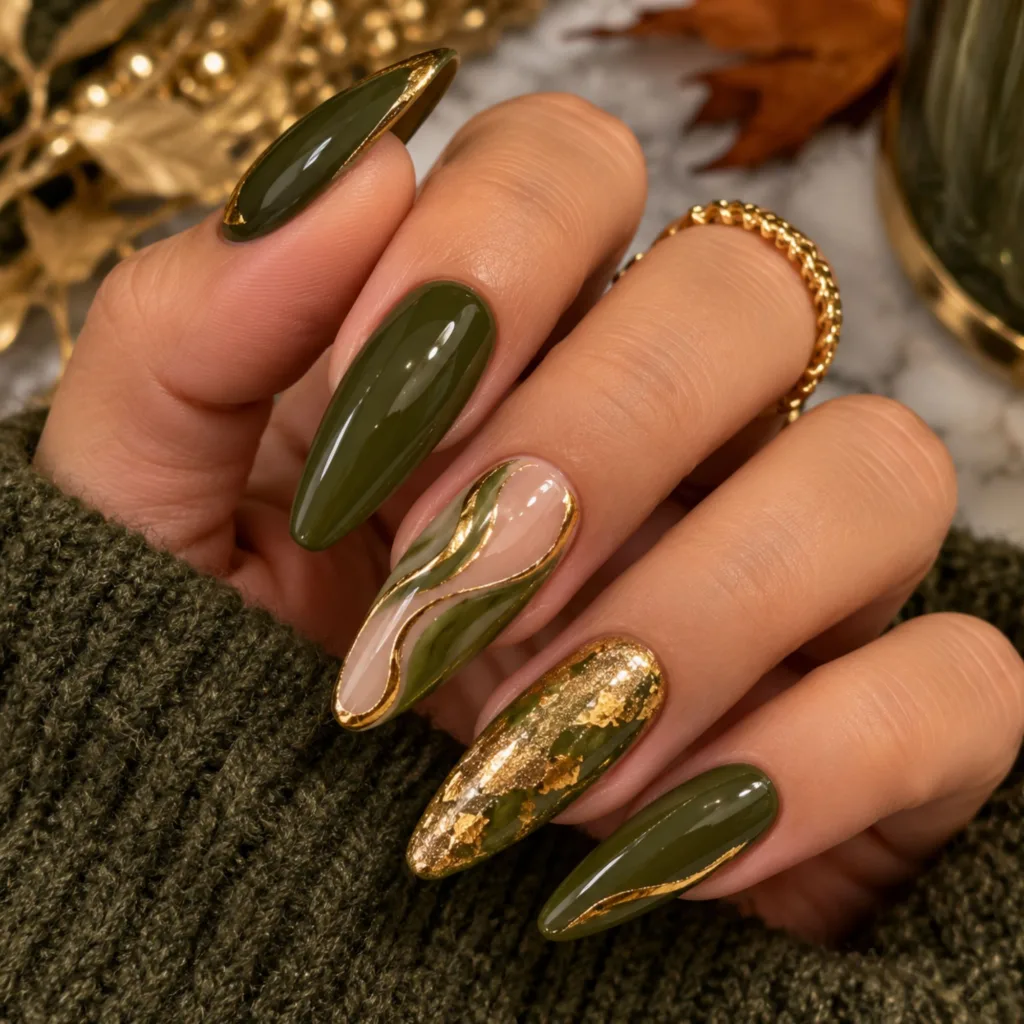 Olive Green & Gold Nails