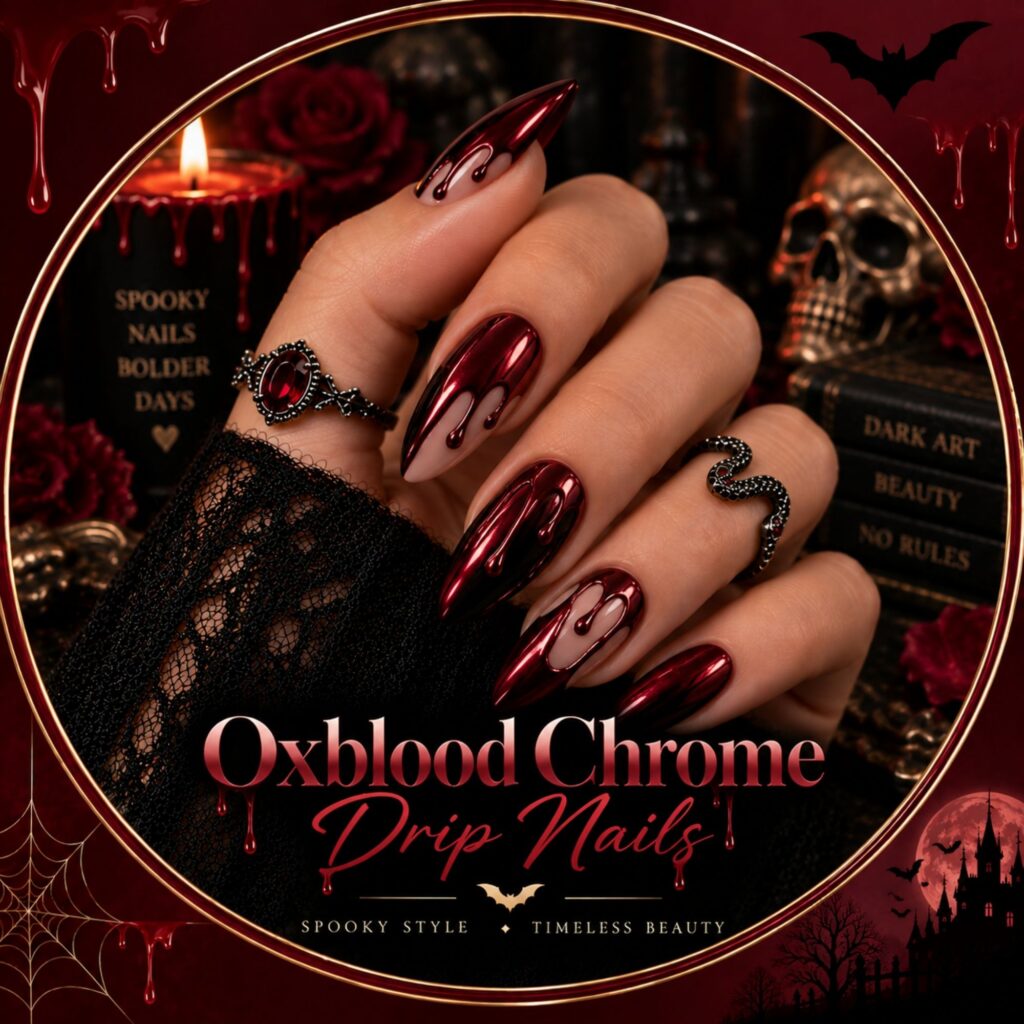Oxblood Chrome Drip Nails