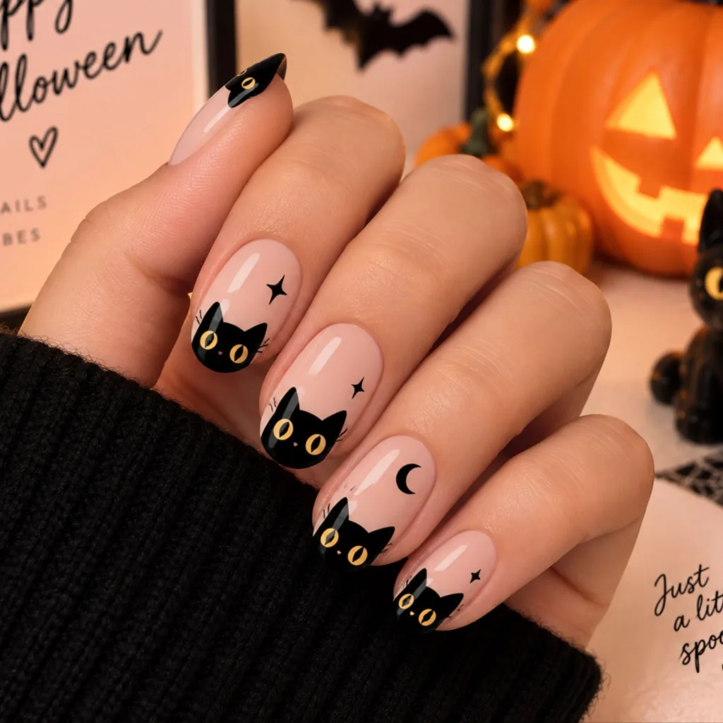 Peeking Black Cat Halloween Nails